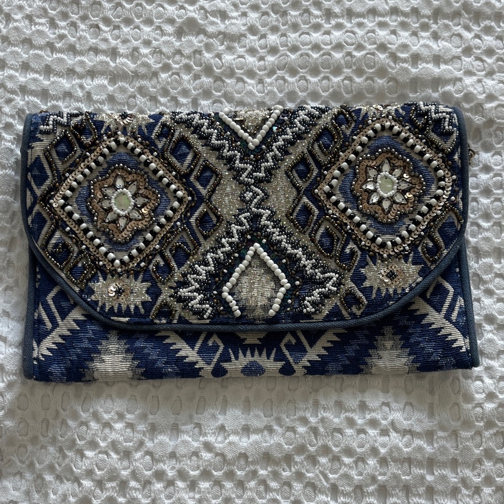 Handmade Beaded Embroidered Bag in Blue and Silver